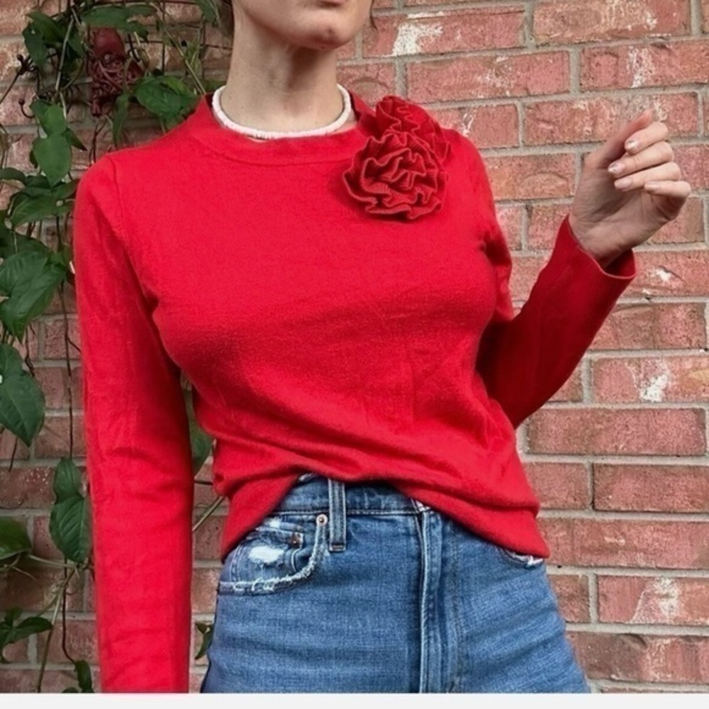 Kate Spade Floral Rose Applique Preppy Pullover Sweater in Red Size XS